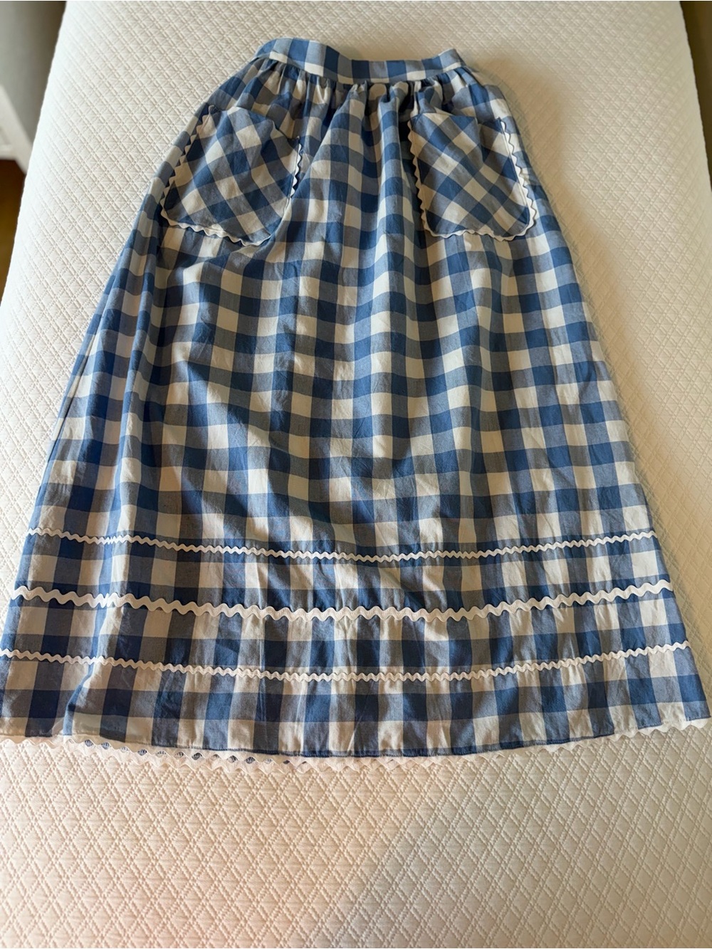 AUREUM Blue and White Gingham Midi Skirt with Ric Rac Trim
